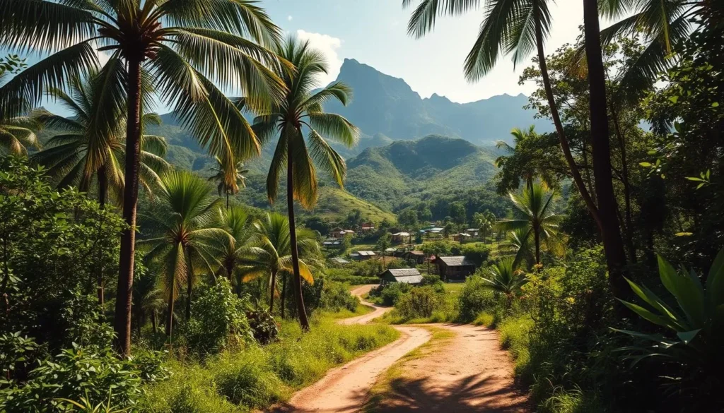 A lush, verdant landscape in the remote hills of Haiti, dotted with vibrant tropical flora. In the foreground, a winding dirt path leads through a serene, sun-dappled forest, inviting the viewer to explore off-the-beaten-track destinations. Towering palm trees sway gently in the warm breeze, casting soft shadows on the ground below. In the middle ground, a traditional Haitian village nestled among rolling hills, its colorful, tin-roofed houses blending seamlessly with the natural surroundings. The background is dominated by a majestic, rugged mountain range, its peaks reaching towards the bright, azure sky. The overall scene exudes a sense of tranquility and unspoiled natural beauty, capturing the essence of Haiti's hidden gems.