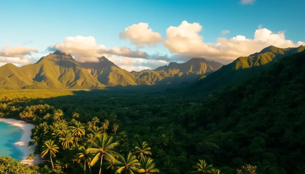 A lush, verdant landscape of American Samoa, bathed in warm, golden sunlight. In the foreground, a pristine white-sand beach stretches along the turquoise waters of the South Pacific, dotted with swaying palm trees. The middle ground reveals towering volcanic peaks, their jagged silhouettes framed by wispy clouds. In the distance, a vibrant, verdant rainforest cascades down the slopes, creating a lush, untamed backdrop. The scene exudes a sense of tranquility and natural beauty, inviting the viewer to imagine the hidden wonders and adventures that await in this South Pacific paradise.