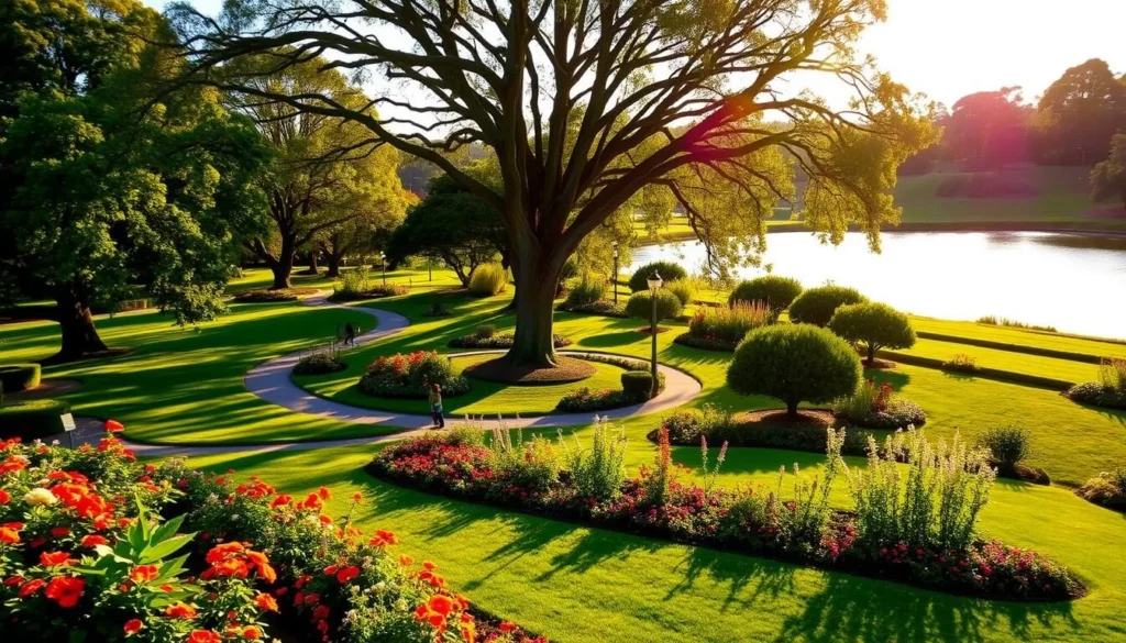 A lush, verdant landscape of Burnie Parks and Gardens, bathed in warm, golden afternoon sunlight. In the foreground, vibrant flower beds and well-manicured lawns invite visitors to stroll and relax. The middle ground features winding paths flanked by towering oak and elm trees, their branches casting delicate patterns of light and shadow. In the background, a serene pond reflects the tranquil scene, its surface gently rippled by a light breeze. The overall atmosphere is one of peaceful natural beauty, inviting exploration and contemplation.
