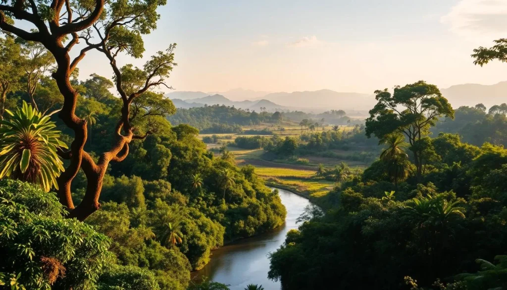 A lush, verdant landscape of Equatorial Guinea unfolds before the viewer. In the foreground, a winding river snakes through the dense, vibrant foliage of the tropical rainforest, its waters glimmering under the warm, golden sunlight. Towering, ancient trees with twisted, gnarled trunks reach skyward, their canopies providing a shaded, verdant sanctuary. In the middle ground, rolling hills covered in a patchwork of grasslands and shrubs create a sense of depth and dimension. In the distance, majestic, hazy mountains rise up, their peaks capped with wispy clouds, creating a dreamlike, serene atmosphere. The overall scene conveys a sense of lush, untamed natural beauty, inviting the viewer to explore the hidden wonders of Equatorial Guinea.