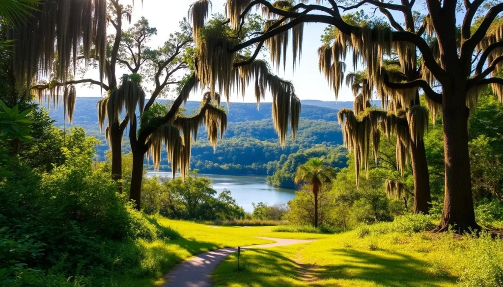A lush, verdant landscape of Fontainebleau State Park, Louisiana on a pleasant, sun-dappled day. In the foreground, a meandering trail winds through towering cypress trees draped in Spanish moss, inviting visitors to explore. The middle ground features a tranquil lake, its calm waters reflecting the surrounding foliage. In the background, rolling hills and dense forests create a serene, picturesque backdrop. Warm, golden light filters through the canopy, casting a soft, inviting glow over the entire scene. The overall atmosphere conveys a sense of peaceful, natural beauty, perfectly capturing the essence of Fontainebleau State Park.