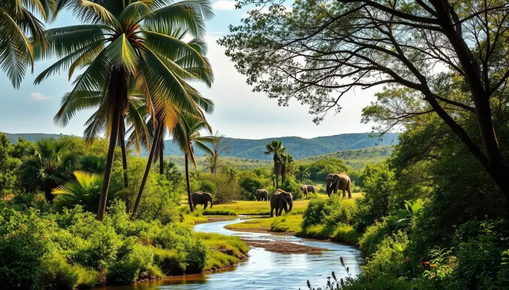 A lush, verdant landscape of Gambia's nature reserves. In the foreground, a tranquil river winds through the dense, tropical foliage, its banks dotted with vibrant wildflowers. Towering palm trees sway gently in the warm breeze, casting dappled shadows on the ground below. In the middle ground, a herd of majestic elephants grazes peacefully, their large ears flapping as they move. Beyond, rolling hills covered in thick, emerald vegetation stretch out to the horizon, where a clear, azure sky meets the earth. The scene is bathed in soft, golden light, creating a serene and inviting atmosphere. Capture the beauty and wonder of Gambia's natural wonders.