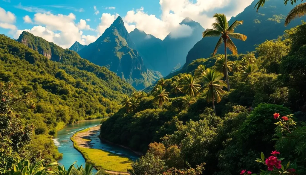 A lush, verdant landscape of Guadeloupe Island, bathed in warm, golden sunlight. In the foreground, a winding river cuts through the dense, tropical foliage, its clear waters reflecting the surrounding greenery. Towering, mist-shrouded mountains rise in the distance, their rugged peaks reaching towards the azure sky. Vibrant flowers and palm trees dot the scene, creating a sense of vibrant, untamed beauty. The overall atmosphere is one of tranquility and adventure, inviting the viewer to explore the wild, natural wonder of this captivating Caribbean island.