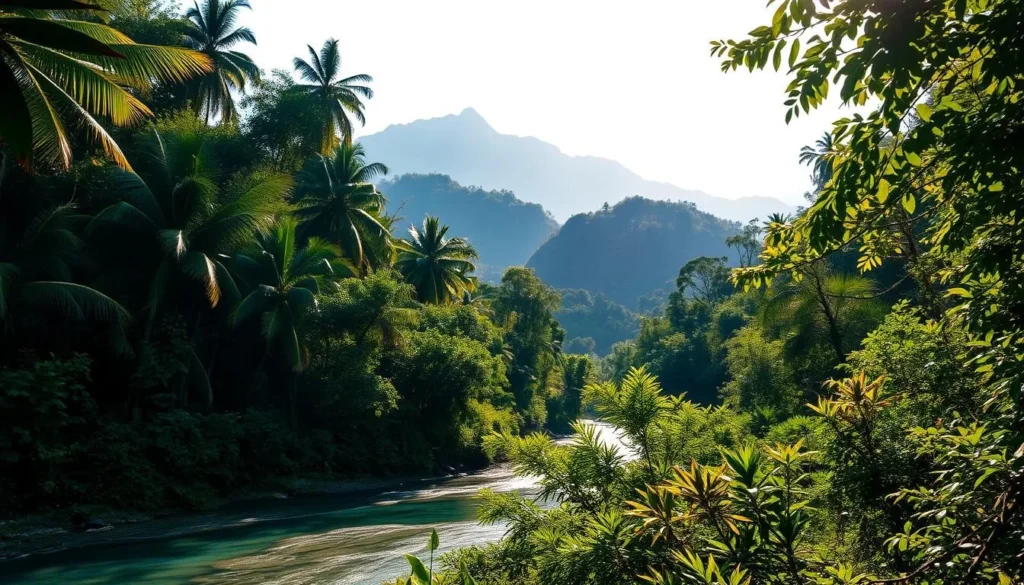 A lush, verdant landscape of Mindanao island, Philippines, basking in the warm glow of the sun. In the foreground, a serene river meanders through the vibrant foliage, its crystal-clear waters reflecting the surrounding natural beauty. Along the riverbanks, towering tropical trees sway gently in the breeze, their leaves casting dappled shadows on the forest floor. In the middle ground, rugged, mist-shrouded mountains rise majestically, their peaks reaching towards the azure sky. The scene is bathed in a soft, golden light, creating a tranquil and enchanting atmosphere. This off-the-beaten-path destination in Mindanao exudes a sense of untamed, unspoiled natural wonder.