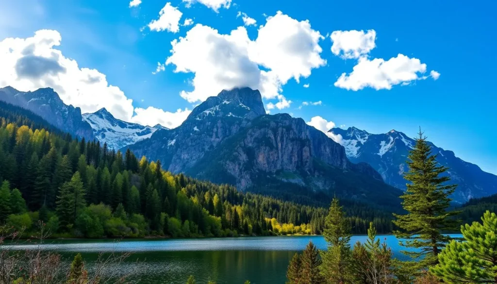 A lush, verdant landscape of Nahuel Huapi National Park in Argentina, showcasing its natural splendor. In the foreground, a tranquil lake reflects the towering, snow-capped mountains in the background. Lush, evergreen forests line the shores, with rays of warm, golden sunlight filtering through the canopy. In the middle ground, rugged, rocky cliffs rise up, adding depth and dimension to the scene. The sky is a brilliant blue, with fluffy white clouds drifting lazily overhead, creating a serene and peaceful atmosphere. Capture the breathtaking beauty and serenity of this untamed wilderness.