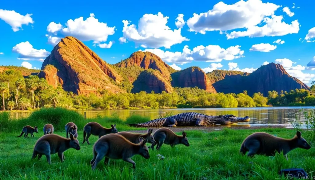A lush, verdant landscape of Nitmiluk National Park, Northern Territory, Australia. In the foreground, a family of wallabies grazes peacefully, their soft, furry bodies illuminated by warm, golden sunlight. In the middle ground, a large saltwater crocodile lounges on the banks of the Katherine River, its scaly skin glistening. In the background, towering sandstone cliffs rise majestically, casting dramatic shadows over the scene. The sky is a brilliant blue, dotted with fluffy white clouds. The overall mood is one of tranquility and harmony, showcasing the diverse wildlife that thrives in this stunning natural environment.