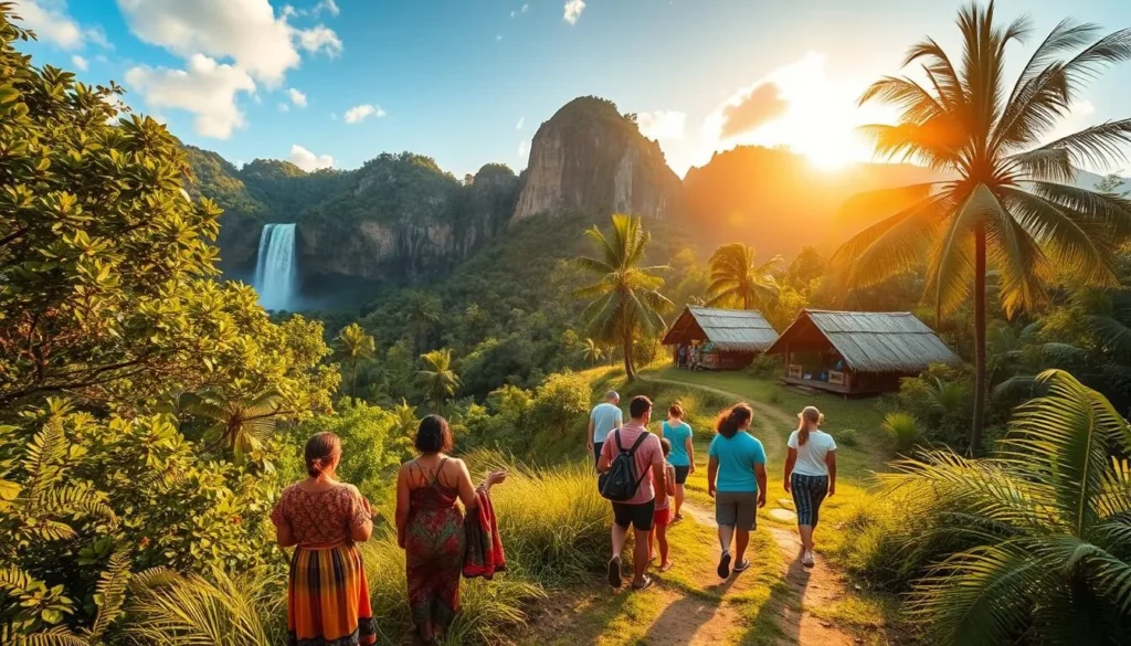 A lush, verdant landscape of Panay Island, Philippines, bathed in warm, golden sunlight. In the foreground, a group of local artisans showcase their sustainable crafts, their vibrant textiles and intricate woodcarvings. In the middle ground, a family of tourists explore a scenic hiking trail, marveling at the cascading waterfalls and towering limestone cliffs. In the background, traditional nipa huts and swaying palm trees create a tranquil, rustic atmosphere. The scene conveys a harmonious balance between nature and human activity, showcasing the island's commitment to eco-friendly tourism. Captured with a wide-angle lens, the image reflects the breathtaking beauty and cultural richness of Panay Island.