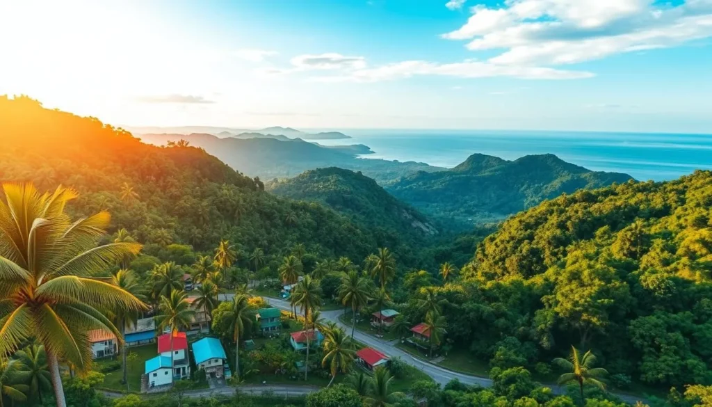 A lush, verdant landscape of Panay Island in the Philippines, basking in the warm glow of the sun. In the foreground, a picturesque village nestled among swaying palm trees, its vibrant houses and winding streets beckoning exploration. The middle ground reveals rolling hills, dotted with verdant forests and sparkling streams. In the distance, the majestic Visayan Sea stretches out, its azure waters reflecting the tranquil sky above. The scene is bathed in a soft, golden light, creating a serene and inviting atmosphere that captures the charm and natural beauty of this enchanting island. Captured with a wide-angle lens, the image conveys a sense of expansive grandeur and the lush, tropical splendor of Panay Island.