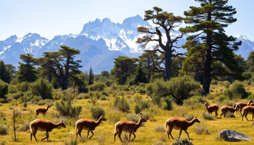 A lush, verdant landscape of Tierra del Fuego National Park, Argentina, on a bright, sunny day. In the foreground, a group of guanacos - the majestic camelids native to the region - graze peacefully, their fur glistening in the warm light. In the middle ground, a pair of Magellanic woodpeckers dart between the towering, ancient-looking Nothofagus trees, their distinctive red heads a vibrant contrast against the deep green foliage. In the background, the jagged, snow-capped peaks of the Andes Mountains rise majestically, creating a breathtaking backdrop for this wilderness scene. The overall mood is one of tranquility and wonder, capturing the essence of the "Land of Fire" and its diverse, thriving wildlife.