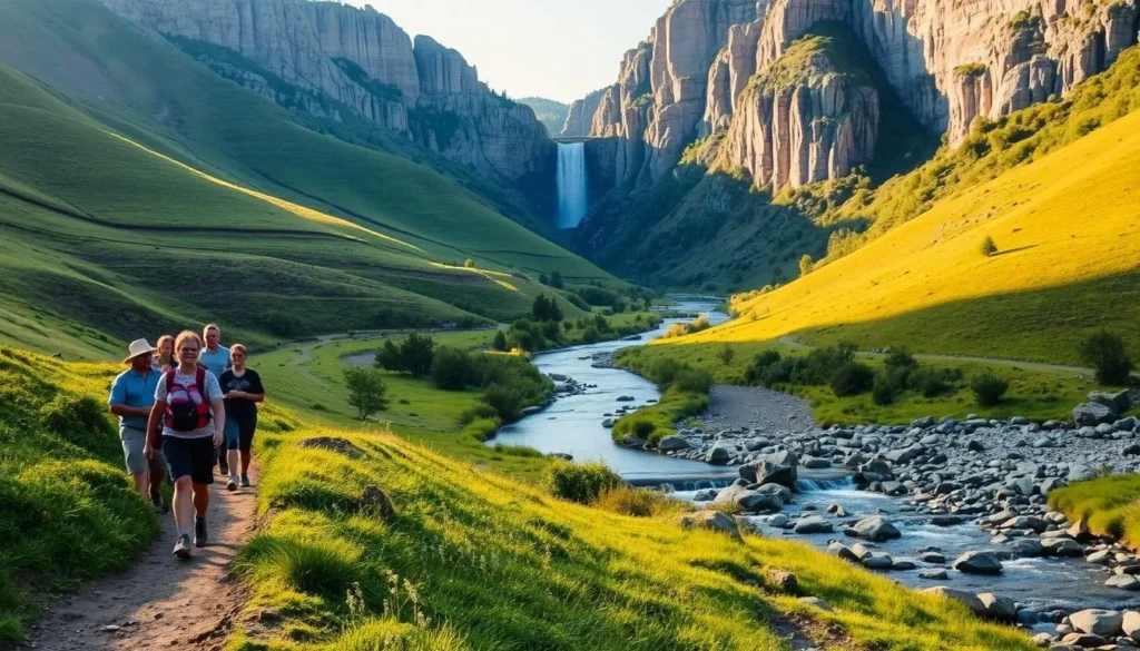 A lush, verdant landscape of rolling hills and winding rivers, bathed in warm, golden sunlight. In the foreground, a group of adventurers explore a scenic hiking trail, their faces alight with wonder and excitement. In the middle ground, a tranquil stream cascades over smooth rocks, its gentle murmurs inviting visitors to pause and take in the serene surroundings. The background is dominated by towering limestone cliffs, their rugged beauty casting dramatic shadows across the scene. The overall atmosphere is one of adventure, tranquility, and a deep appreciation for the natural wonders of Iowa Falls.