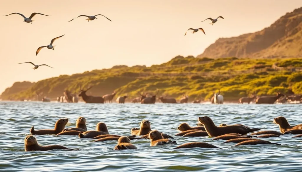 A lush, verdant landscape of the Big Sur coastline, bathed in warm, golden sunlight. In the foreground, a group of playful sea otters float on their backs, their furry bodies glistening in the shallow waters. Seagulls soar overhead, their graceful movements captured mid-flight. In the middle ground, a herd of Roosevelt elk graze peacefully, their majestic antlers silhouetted against the backdrop of rugged, rocky cliffs. In the distance, a pod of humpback whales breach the surface, their massive forms creating a spectacular display. The overall scene exudes a sense of tranquility and harmony, showcasing the diverse and awe-inspiring wildlife of the Big Sur region.
