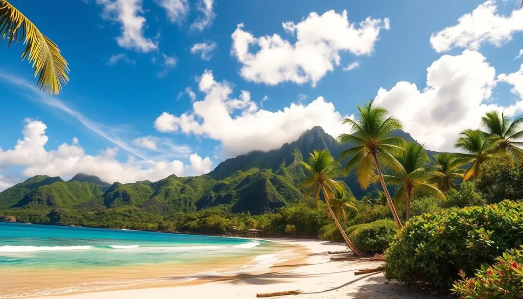 A lush, verdant landscape of the Cook Islands unfolds, bathed in warm, golden sunlight. In the foreground, a pristine, white-sand beach curves gracefully, caressed by gently lapping turquoise waters. Swaying palm trees provide a natural canopy, casting soft shadows on the tranquil scene. In the middle ground, rugged, volcanic mountains rise majestically, their peaks shrouded in wispy, ethereal clouds. Vibrant, tropical foliage cascades down the slopes, creating a verdant tapestry. The background is dominated by a brilliant, azure sky, punctuated by fluffy, cumulus clouds that drift lazily overhead. The overall impression is one of unspoiled, idyllic beauty, a true paradise waiting to be discovered.