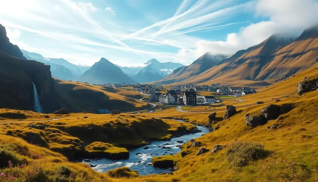 A lush, verdant landscape of the Faroe Islands, showcasing its dramatic cliffs, rolling hills, and pristine waterfalls. In the foreground, a crystal-clear stream meanders through a mossy glade, its banks dotted with vibrant wildflowers. In the middle ground, rugged, snow-capped mountains rise majestically, their peaks shrouded in wispy clouds. The background features a sprawling, picturesque village nestled between the hills, its colorful buildings and charming harbor creating a quaint, timeless scene. The image is bathed in warm, golden sunlight, casting a serene, enchanting atmosphere over the entire landscape. Captured with a wide-angle lens to showcase the grandeur of this hidden Nordic gem.