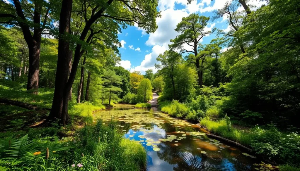 A lush, verdant landscape of the North Carolina wilderness, where towering hardwood trees cast dappled shadows upon a mosaic of ferns, wildflowers, and meandering streams. In the foreground, a tranquil pond reflects the azure sky and fluffy clouds above, its surface gently rippled by the calls of songbirds. The middle ground features a hiking trail winding through the dense, vibrant foliage, inviting the viewer to explore the natural wonders of this picturesque region. Warm, diffused sunlight filters through the canopy, creating a serene and enchanting atmosphere. Capture the essence of North Carolina's best nature-based activities in this landscape, brimming with the beauty and diversity of the state's great outdoors.
