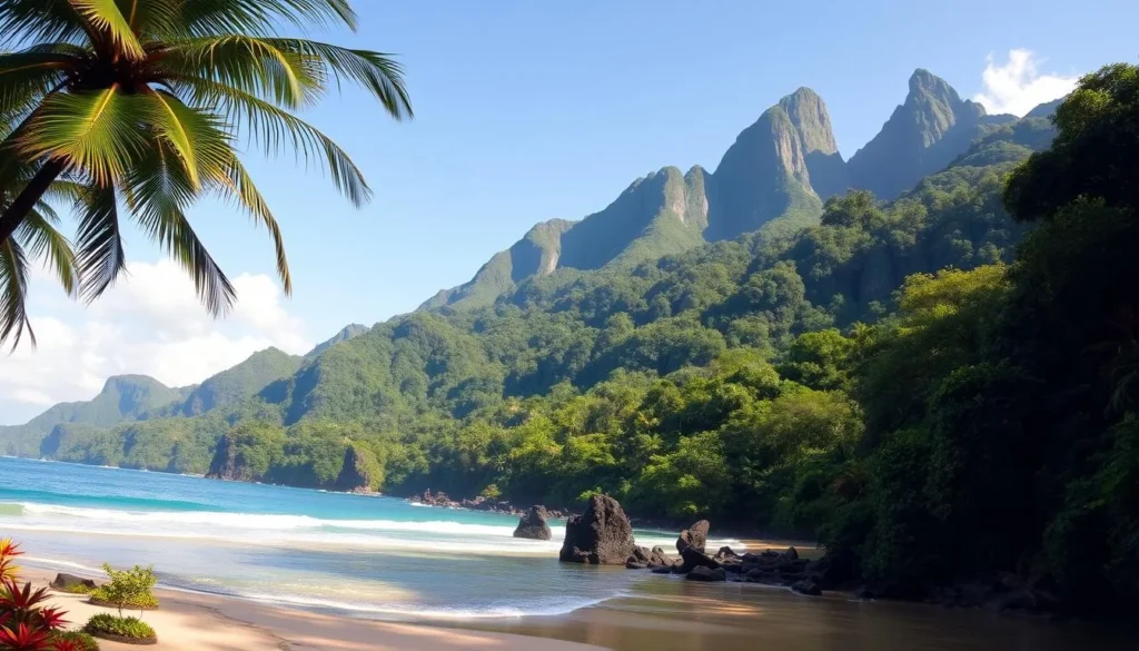 A lush, verdant landscape of towering mountains and cascading waterfalls, the National Park of American Samoa is a breathtaking natural wonder. In the foreground, a pristine beach with soft, golden sand and gently lapping turquoise waves. Swaying palm trees provide a shaded canopy, while colorful tropical flora dot the scene. In the middle ground, dense, verdant rainforest vegetation covers the rolling hills, interspersed with rocky outcroppings. Sunlight filters through the dense foliage, casting a warm, golden glow over the entire landscape. In the background, majestic, jagged peaks reach up towards a bright, cloudless sky, creating a dramatic and awe-inspiring backdrop. The overall atmosphere is one of tranquility, beauty, and the untamed power of nature.