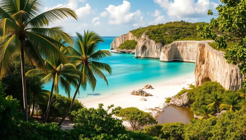 A lush, verdant landscape on Andros Island, Bahamas, bathed in warm, golden sunlight. Towering palm trees sway gently in the breeze, casting soft shadows on the pristine, white-sand beaches below. In the distance, turquoise waters of the Caribbean Sea glisten, inviting exploration. Rugged limestone cliffs rise majestically, their craggy surfaces weathered by time. A tranquil inland waterway meanders through the island's interior, flanked by dense, vibrant mangrove forests teeming with diverse wildlife. The scene exudes a sense of unspoiled natural beauty, beckoning visitors to discover the hidden wonders of this Bahamian gem. A lush, verdant landscape on Andros Island, Bahamas, bathed in warm, golden sunlight. Towering palm trees sway gently in the breeze, casting soft shadows on the pristine, white-sand beaches below. In the distance, turquoise waters of the Caribbean Sea glisten, inviting exploration. Rugged limestone cliffs rise majestically, their craggy surfaces weathered by time. A tranquil inland waterway meanders through the island's interior, flanked by dense, vibrant mangrove forests teeming with diverse wildlife. The scene exudes a sense of unspoiled natural beauty, beckoning visitors to discover the hidden wonders of this Bahamian gem.