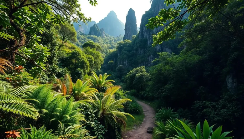 A lush, verdant landscape on Christmas Island, captured through the lens of a high-quality nature photography setup. The foreground showcases vibrant foliage, with ferns, mosses, and tropical plants thriving in the warm, humid air. The middle ground features a winding, scenic trail leading into a dense, ancient-looking forest, dappled with pools of sunlight filtering through the canopy. In the background, majestic rock formations and towering cliffs rise up, creating a dramatic and awe-inspiring backdrop. The lighting is soft and natural, highlighting the intricate details and vivid colors of the island's unique ecosystem. Convey a sense of tranquility, wonder, and the untamed beauty of this remote, biologically diverse locale.