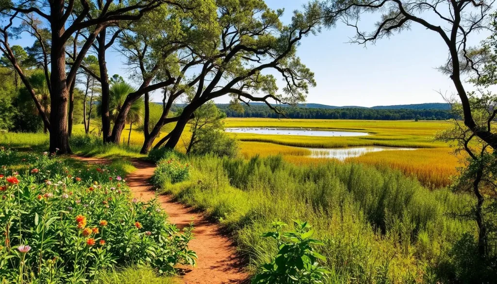A lush, verdant landscape on St. Catherines Island, Georgia, where conservation efforts have transformed the land into a thriving wildlife refuge. In the foreground, a meandering path leads through a diverse array of native flora, with vibrant wildflowers and towering trees casting gentle shadows. In the middle ground, a large pond reflects the clear sky above, its surface dotted with the graceful movements of wading birds. In the background, the island's rolling hills and dense forests create a serene, natural backdrop, hinting at the abundant wildlife that calls this place home. The scene is bathed in warm, golden sunlight, conveying a sense of tranquility and harmony between the natural world and the conservation efforts that protect it.