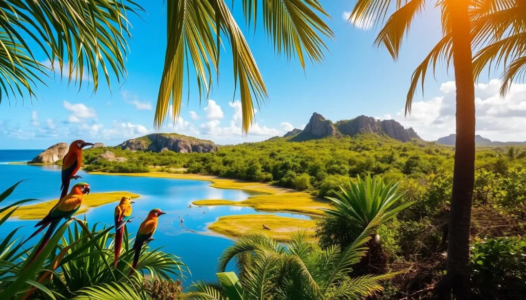 A lush, verdant landscape on the island of Cayman Brac, bathed in warm, golden sunlight. In the foreground, a colorful array of tropical birds - vibrant parrots, sleek frigatebirds, and graceful herons - perch amidst the swaying palm fronds. In the middle ground, a tranquil pond reflects the azure sky, its surface rippling with the movements of curious iguanas and sleek, brightly-colored lizards. In the distance, rugged limestone cliffs rise up, their weathered faces home to nesting seabirds, while lush, verdant forests stretch out as far as the eye can see. The scene exudes a sense of unspoiled natural beauty and abundant wildlife, capturing the essence of Cayman Brac's unique and captivating ecosystem.