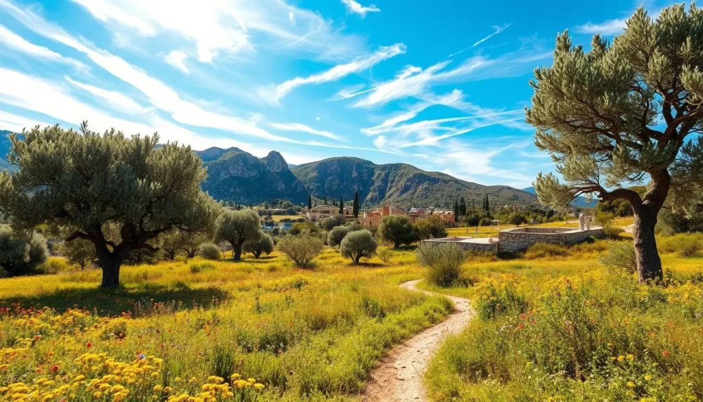 A lush, verdant landscape on the picturesque Kos Island, Greece. In the foreground, a winding path meanders through a carpet of vibrant wildflowers, inviting exploration. Towering olive trees dot the middle ground, their gnarled trunks and silvery-green leaves casting soft, dappled shadows. In the distance, rugged, sun-kissed hills rise up, their slopes dotted with clusters of cypress trees and ancient ruins. The sky overhead is a brilliant azure, with wispy clouds drifting lazily. Warm, golden sunlight bathes the scene, creating a serene, tranquil atmosphere. This idyllic natural setting captures the essence of Kos Island, a true haven for nature lovers.