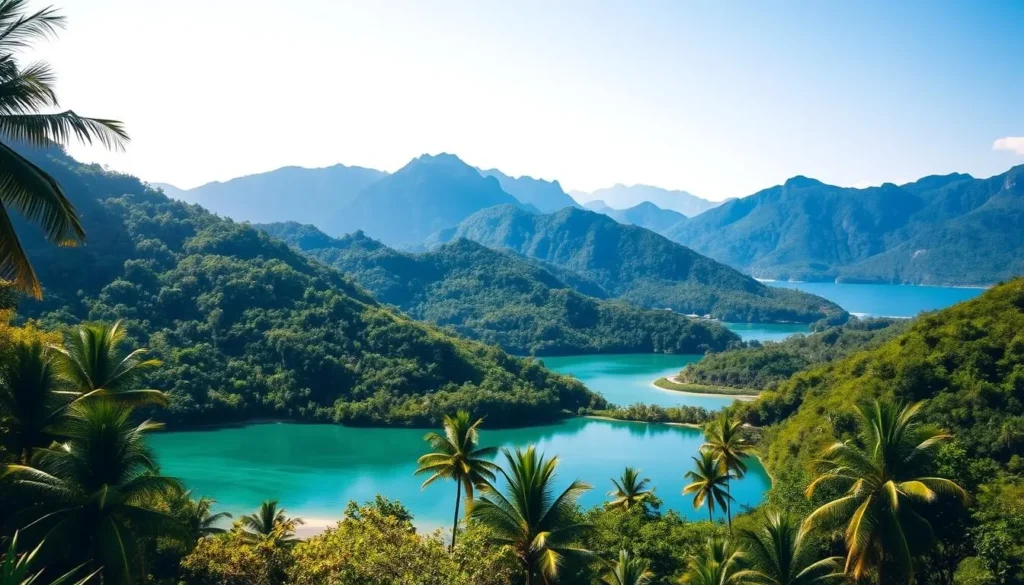 A lush, verdant landscape stretches out, dotted with towering mountains and meandering rivers. In the foreground, a crystal-clear lake reflects the azure sky above, its shores lined with swaying palm trees. Farther back, thick, emerald forests climb up rugged, mist-shrouded peaks, while in the distance, a glimpse of the shimmering Caribbean Sea can be seen. The warm, golden light of a pleasant day illuminates the scene, casting soft shadows and highlighting the vibrant hues of the natural wonder that is Honduras.