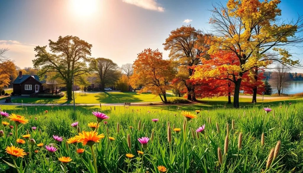 A lush, verdant landscape under a warm, golden sun, showcasing the four-season charm of Lansing, Michigan. In the foreground, vibrant wildflowers sway gently in a soft breeze, hinting at the city's temperate summers. The middle ground features a picturesque park, with towering trees in full, colorful foliage, capturing the essence of Lansing's stunning autumnal landscapes. In the background, a gentle dusting of snow on rooftops and a frozen lake reflect the region's snowy winters, while a few budding trees suggest the promise of spring's renewal. The scene is captured with a wide-angle lens, creating a panoramic view that invites the viewer to immerse themselves in Lansing's ever-changing, yet captivating, climate.