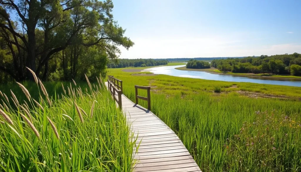 A lush, verdant landscape unfolds along the Creole Nature Trail, where tall grasses sway gently in the warm breeze. A wooden boardwalk meanders through the marshlands, offering a captivating glimpse into the region's unique wetland ecosystem. Sunlight filters through the canopy of cypress trees, casting a soft, golden glow over the tranquil waters. In the distance, a winding river reflects the azure sky, its banks dotted with vibrant wildflowers. This serene, picturesque scene embodies the charm and natural beauty of Sulphur, Louisiana, inviting visitors to immerse themselves in the captivating Creole landscape.