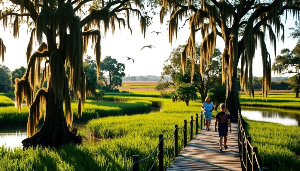 A lush, verdant landscape unfolds, as a family explores the meandering Creole Nature Trail. Tall cypress trees draped in Spanish moss frame the scene, casting dappled shadows across the tranquil waterways. In the foreground, a wooden boardwalk leads visitors through the bountiful wetlands, inviting them to immerse themselves in the serene natural beauty. Egrets and herons glide gracefully above the still, reflective surface, while the distant horizon is marked by the gentle rolling hills of the Louisiana countryside, bathed in the warm glow of the afternoon sun. This idyllic setting captures the essence of family-friendly outdoor adventure in Sulphur, Louisiana.