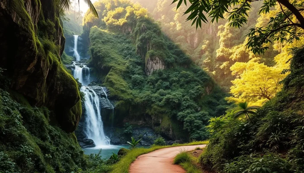 A lush, verdant landscape unfolds, revealing a hidden waterfall cascading over mossy rocks, its crystalline waters sparkling in the warm, golden sunlight. Towering, verdant cliffs frame the serene scene, their rugged contours softened by the gentle haze of a tropical afternoon. In the foreground, a winding path leads the viewer deeper into this enchanting, off-the-beaten-path oasis, inviting exploration of Negros Island's most captivating hidden gems.