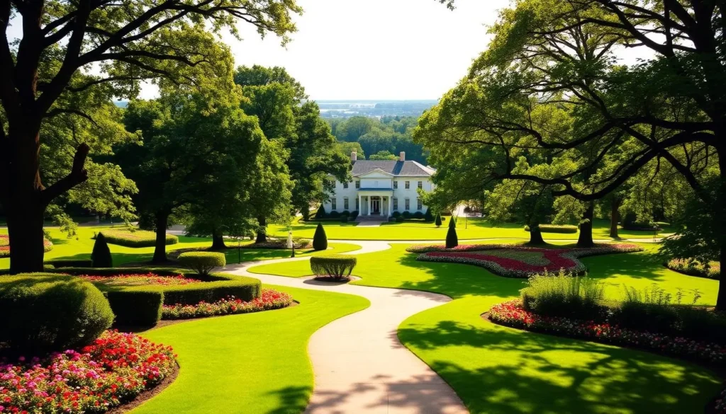 A lush, verdant landscape unfolds, showcasing the exquisite gardens of Mount Vernon. Towering trees cast gentle shadows upon the well-manicured lawns, where vibrant flower beds burst with color. In the foreground, a meandering path invites visitors to explore the grounds, framed by neatly trimmed hedges and ornamental shrubs. The middle ground reveals the stately mansion, its elegant Georgian architecture basking in the warm, golden light of a sun-dappled day. In the distance, the serene Potomac River glistens, completing the picturesque scene. This idyllic setting captures the timeless beauty and tranquility of the historic Mount Vernon estate.