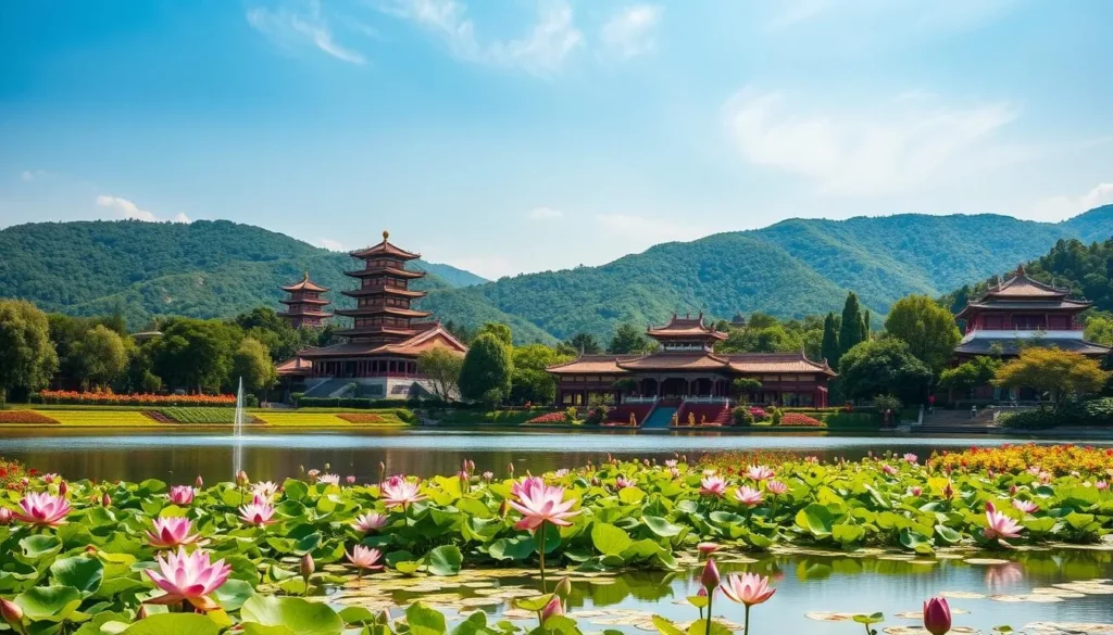 A lush, verdant landscape unfolds, showcasing the vibrant charm of Kunming, the "Spring City" of China. In the foreground, a tranquil lake reflects the azure sky, its calm surface dotted with floating lotus blossoms. Surrounding the lake, manicured gardens brim with colorful flowers, their petals swaying gently in the warm breeze. In the middle ground, towering pagodas and traditional Chinese architecture rise gracefully, their ornate roofs and intricate details bathed in the soft, golden light of the afternoon sun. In the distance, rolling hills draped in a verdant mantle of trees create a picturesque backdrop, conveying a sense of serenity and timelessness. The overall scene evokes the essence of Kunming's natural beauty and the harmonious blend of its rich cultural heritage.