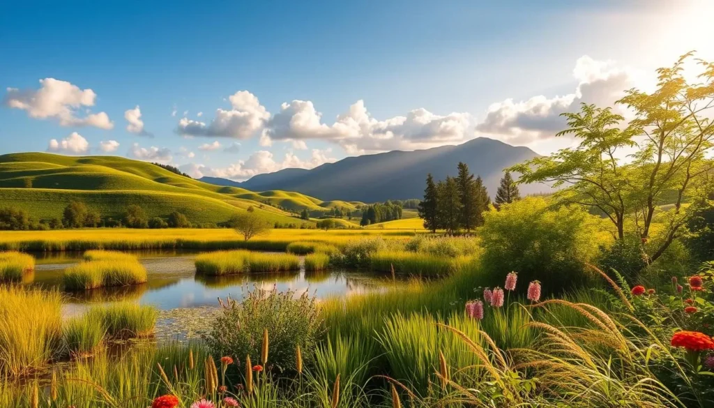 A lush, verdant landscape with rolling hills and a distant mountain range, bathed in warm, golden sunlight. In the foreground, a serene pond reflects the clear sky and fluffy white clouds above. Surrounding the pond, a variety of native flora - vibrant flowers, swaying grasses, and leafy trees - create a tranquil, naturalistic scene. The overall atmosphere is one of peaceful tranquility, capturing the essence of Yamaguchi's temperate, four-season climate.