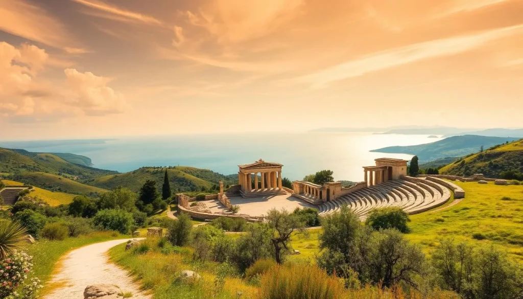 A lush, verdant landscape with the majestic ruins of the ancient theater of Epidaurus nestled amidst rolling hills. The iconic stone seats and stage stand in serene grandeur, bathed in warm, golden sunlight that filters through wispy clouds. In the foreground, a path winds through the site, inviting visitors to explore the remarkably well-preserved architectural marvels of this ancient Greek healing sanctuary. The middle ground features the Doric-style columns and intricate carvings of the site's temples and other structures, while the distant background showcases the picturesque Argolic Gulf, its azure waters sparkling on the horizon. The scene conveys a sense of timeless wonder and the enduring historical significance of this remarkable archaeological treasure.