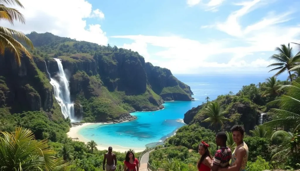 A lush, verdant landscape with towering waterfalls cascading down rugged cliffs, surrounded by crystal-clear turquoise waters and swaying palm trees. In the foreground, a group of local Ni-Vanuatu people enjoy the natural splendor, their vibrant clothing and warm expressions capturing the essence of this tropical paradise. The mid-ground features a winding path leading to a hidden cove, where sun-dappled beaches and tranquil lagoons invite exploration. Overhead, a bright, azure sky with wispy clouds completes the serene, idyllic scene, evocative of the unspoiled beauty and tranquility of Port Vila, Vanuatu.