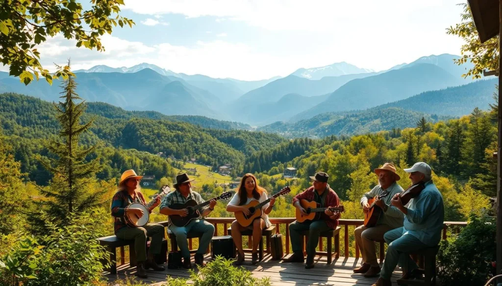 A lush, verdant mountain landscape with a small village nestled in the valley below. In the foreground, a group of local musicians gather on a wooden porch, playing traditional instruments like banjos, fiddles, and acoustic guitars. Their faces are filled with joy and passion as they create a soulful, rhythmic melody that echoes through the rolling hills. Warm, golden sunlight filters through the trees, casting a cozy, inviting glow over the scene. In the background, majestic, snow-capped peaks rise up, providing a dramatic, picturesque backdrop. The overall atmosphere is one of rustic charm, cultural heritage, and the timeless, tranquil beauty of the Appalachian Mountains.