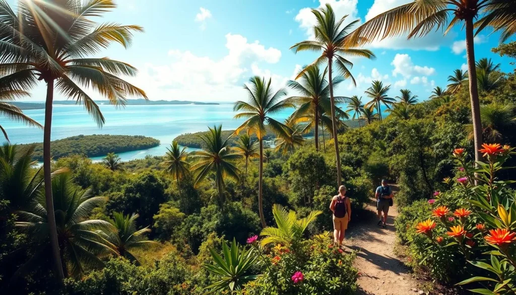 A lush, verdant national park nestled in the heart of the Bahamas. Towering palm trees sway gently in the warm breeze, casting dappled shadows on the winding trails below. In the distance, a crystalline turquoise lake reflects the azure sky, inviting visitors to explore its serene shores. Vibrant tropical flowers bloom in vibrant hues, attracting a kaleidoscope of butterflies and hummingbirds. Rays of golden sunlight filter through the canopy, creating a warm, inviting atmosphere. Hikers pause to admire the stunning vistas, immersed in the natural beauty of this island paradise. A wide-angle lens captures the breathtaking scene, showcasing the Bahamas' best outdoor offerings for nature enthusiasts.