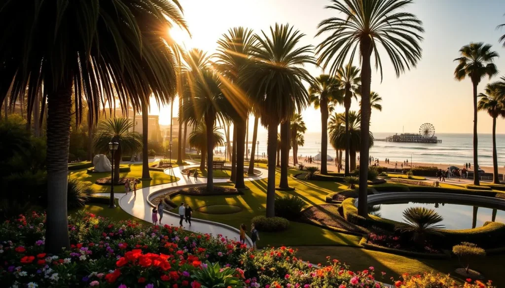 A lush, verdant oasis amidst the bustling city of Santa Monica. Tongva Park, with its winding paths, serene ponds, and towering palm trees, invites visitors to escape the urban landscape. Capture the warm, golden sunlight filtering through the foliage, casting a gentle glow over the scene. In the foreground, vibrant flowers and sculpted landscaping create a tranquil, inviting atmosphere. The middle ground features families and individuals strolling leisurely, immersed in the park's peaceful ambiance. In the background, the iconic Santa Monica Pier and the distant ocean horizon provide a picturesque backdrop, showcasing the park's unique location within this coastal city.