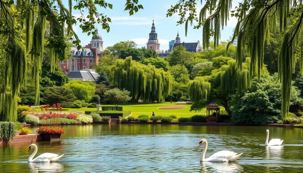 A lush, verdant oasis in the heart of Boston, the Public Garden showcases a picturesque landscape of vibrant foliage, serene ponds, and delicate blossoms. Capture the scene in soft, natural lighting, with a wide-angle lens to encompass the sprawling greenery and meandering pathways. In the foreground, elegant swan boats glide across the tranquil waters, while in the middle ground, stately weeping willows cast gentle shadows on the manicured lawns. The background frames the scene with the stately facades of historic brownstones and the iconic skyline of downtown Boston, creating a harmonious balance between urban and natural elements. Convey a sense of peaceful solitude and the inviting allure of this verdant oasis, perfect for leisurely strolls and outdoor recreation.