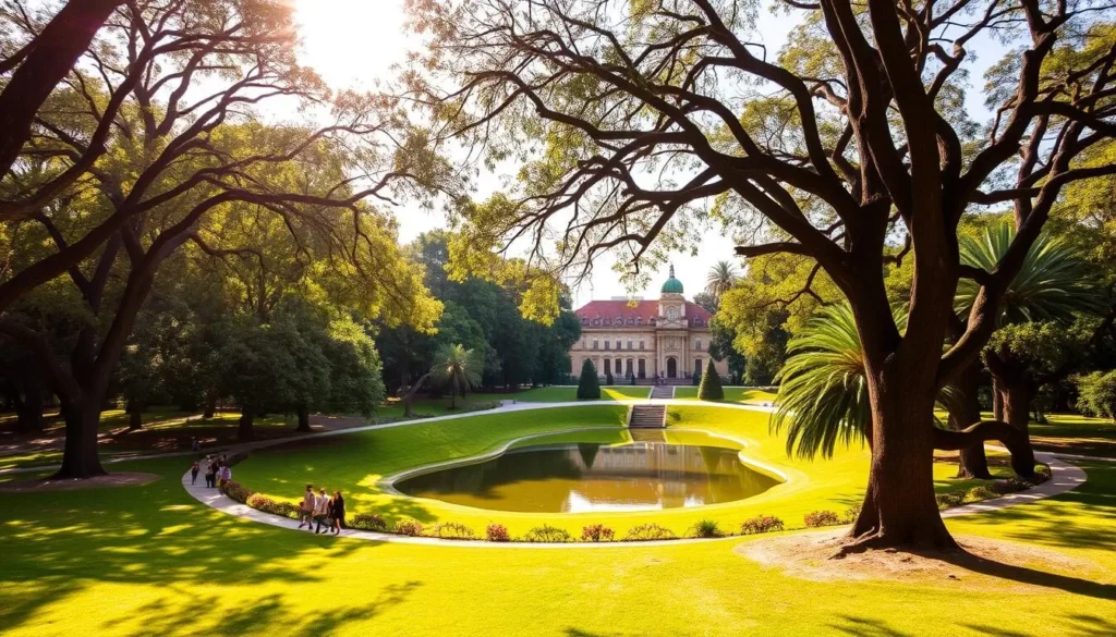 A lush, verdant oasis in the heart of Córdoba, Parque Sarmiento is a tranquil haven for nature lovers. Capture the serene atmosphere with a wide-angle lens, showcasing the park's expansive lawns, towering trees, and winding pathways. Sunlight filters through the canopy, casting a warm, golden glow over the scene. In the foreground, a group of people leisurely stroll, appreciating the park's serenity. In the middle ground, a picturesque pond reflects the surrounding foliage, creating a mirror-like surface. In the background, the elegant architecture of the park's buildings stands as a testament to the city's rich cultural heritage. Convey a sense of peace, harmony, and connection with the natural world.