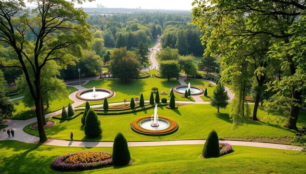 A lush, verdant oasis in the heart of Minsk, Belarus. Sweeping vistas of neatly manicured parks, dotted with towering trees and vibrant flower beds. Winding paths invite visitors to stroll leisurely, past shimmering ponds and ornamental fountains. Families gather on the lush, grassy knolls, enjoying a tranquil afternoon amidst the city's urban hustle. Soft, diffused sunlight filters through the canopy, casting a warm, serene glow over the scene. Capture the essence of Minsk's cherished green spaces, a haven of natural beauty and tranquility.