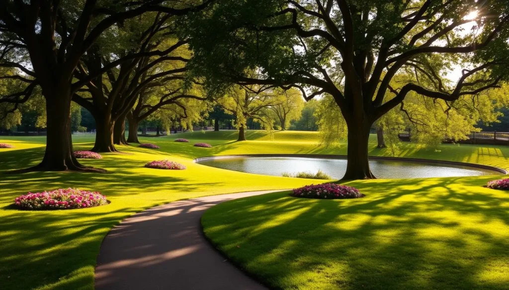 A lush, verdant oasis in the heart of Plymouth, England's Central Park showcases its natural splendor. Expansive grassy knolls dotted with vibrant flowerbeds lead to a tranquil pond, its surface gently rippled by a light breeze. Towering oak and elm trees cast dappled shadows, creating a serene atmosphere. In the foreground, a well-maintained path winds through the park, inviting visitors to stroll and take in the scenic beauty. The warm, golden sunshine filters through the leaves, illuminating the scene with a soft, inviting glow. This idyllic urban retreat offers a peaceful respite from the bustling city, making it a must-visit destination for nature lovers in Plymouth.