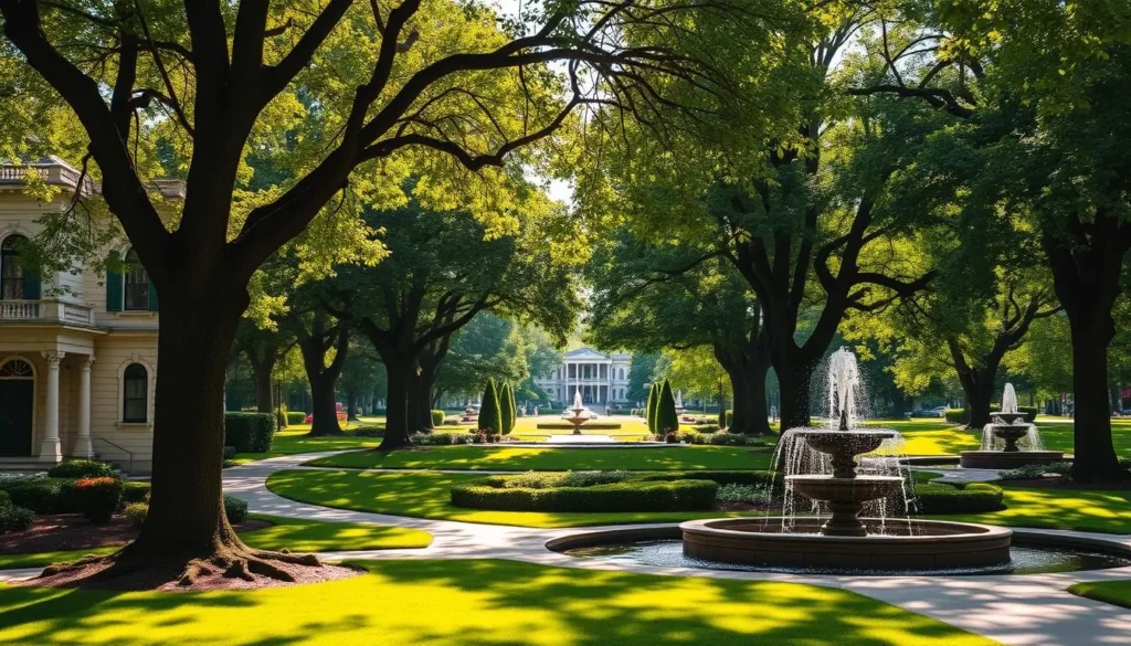 A lush, verdant oasis nestled in the heart of Saratoga Springs, Congress Park exudes a serene and tranquil atmosphere. Capture the elegant Victorian-style architecture, with its ornate facades and delicate details, framed by towering trees casting dappled shadows across the well-manicured lawns. Showcase the glistening fountains and meandering pathways that invite visitors to stroll and explore, while in the distance, glimpse the stately Congress Hall, a testament to the park's storied history. Bathe the scene in warm, golden sunlight that filters through the canopy, creating a welcoming and inviting ambiance. Convey a sense of peaceful respite, where city-weary visitors can escape and immerse themselves in the natural beauty of this cherished urban oasis.