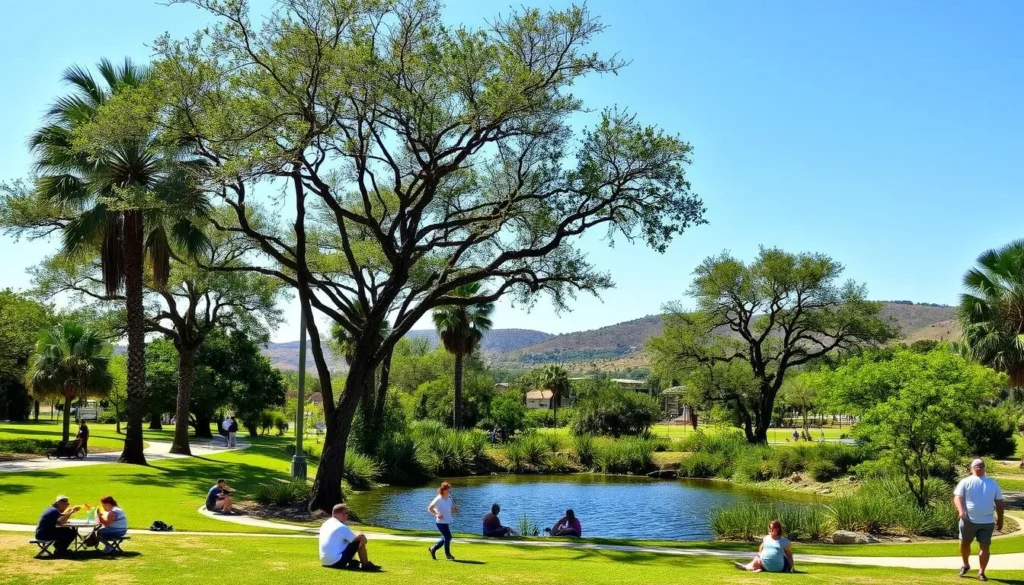 A lush, verdant outdoor recreation area in Brownsville, Texas on a bright, sunny day. In the foreground, people enjoy leisurely activities like picnicking, frisbee, and casual strolling along well-maintained paths. The middle ground features a tranquil pond or small lake, its surface gently rippling. Towering palm trees and other native flora line the banks, casting soft, dappled shadows. In the background, rolling hills and a clear blue sky create a serene, picturesque setting, perfect for outdoor exploration and relaxation.