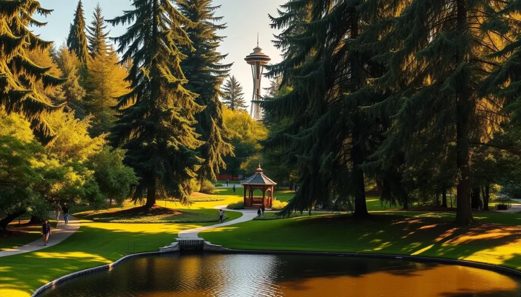 A lush, verdant park in the heart of Seattle's Emerald City, bathed in warm, golden afternoon sunlight. Towering evergreen trees line winding pathways, their canopies casting dappled shadows on the well-manicured lawns below. In the foreground, a tranquil pond reflects the surrounding foliage, its surface rippling gently. Visitors stroll leisurely, enjoying the peaceful ambiance and natural beauty of this urban oasis. The middle ground features a charming gazebo, its intricate wooden structure serving as a gathering place for the community. In the distance, the iconic silhouette of the Space Needle rises, a testament to Seattle's blend of nature and modernity. The overall scene conveys a sense of serenity and harmony, inviting the viewer to immerse themselves in the serene splendor of this quintessential Seattle park.