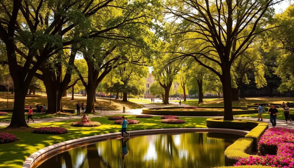 A lush, verdant park with towering trees casting dappled shadows on the winding paths below. In the foreground, a serene pond reflects the tranquil scene, surrounded by vibrant flower beds in bloom. Families stroll leisurely, children play on a nearby swing set, and joggers run past neatly trimmed hedges. Warm, golden sunlight filters through the leaves, creating a welcoming, inviting atmosphere. In the distance, a glimpse of historical architecture adds to the picturesque setting. This idyllic park scene captures the essence of a perfect day for exploring the natural beauty and recreational offerings of the local area. A lush, verdant park with towering trees casting dappled shadows on the winding paths below. In the foreground, a serene pond reflects the tranquil scene, surrounded by vibrant flower beds in bloom. Families stroll leisurely, children play on a nearby swing set, and joggers run past neatly trimmed hedges. Warm, golden sunlight filters through the leaves, creating a welcoming, inviting atmosphere. In the distance, a glimpse of historical architecture adds to the picturesque setting. This idyllic park scene captures the essence of a perfect day for exploring the natural beauty and recreational offerings of the local area.