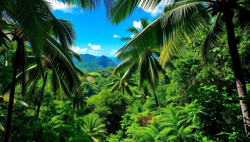 A lush, verdant rainforest in St. Croix, U.S. Virgin Islands, on a bright, sunny day. Tall, swaying palm trees frame the scene, their fronds casting dappled shadows on the forest floor below. Vibrant green foliage, from ferns to flowering plants, fills the middle ground, creating a sense of depth and richness. In the background, glimpses of rolling hills and a clear blue sky suggest the expansive beauty of the natural landscape. The warm, tropical atmosphere is palpable, inviting the viewer to immerse themselves in the serene, unspoiled wonder of this hidden gem.