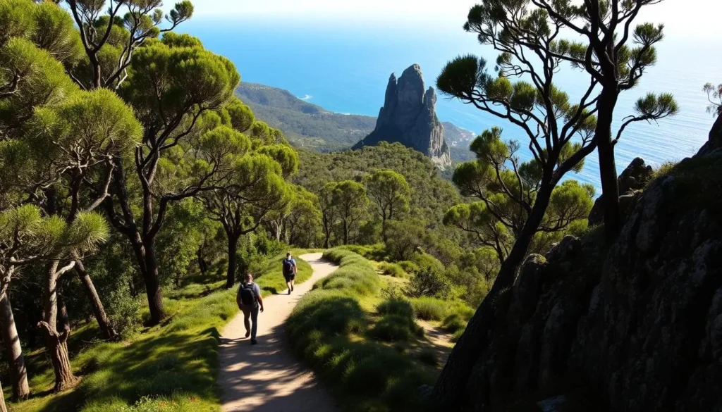 A lush, verdant trail winding through the rugged, granite peaks of Wilsons Promontory National Park. Towering eucalyptus trees frame the path, their dappled shadows dancing across the well-trodden earth. Glimpses of the azure ocean sparkle in the distance, the horizon hazy with a soft, golden light. Hikers ascend the gently sloping trail, their steps measured, breathing in the crisp, fresh air. Dramatic rock formations jut out from the landscape, casting dramatic shadows that add depth and character to the scene. The overall mood is one of tranquility, adventure, and the natural beauty of this stunning Australian wilderness.