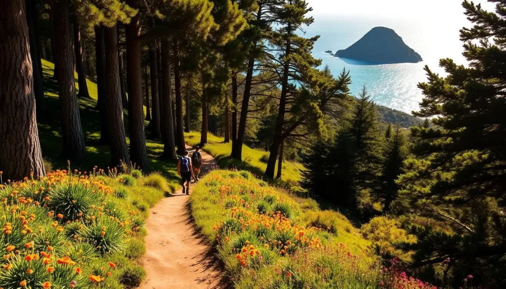 A lush, verdant trail winds through the coastal hills of Morro Bay, California. The path is flanked by towering cypress trees and vibrant wildflowers, bathed in the warm, golden light of a sun-dappled afternoon. In the distance, the majestic Morro Rock stands sentinel, its imposing silhouette framed by the sparkling azure waters of the Pacific Ocean. Hikers traverse the well-maintained trail, pausing to take in the breathtaking vistas and capture the natural beauty of this stunning coastal region.