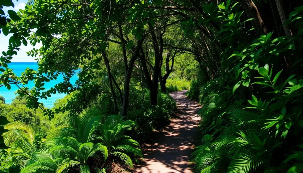 A lush, verdant trail winds through the tropical foliage of Jost Van Dyke, British Virgin Islands. Dappled sunlight filters through the canopy, casting a warm, natural glow on the winding path. Vibrant green leaves and ferns line the trail, leading the viewer deeper into the island's untamed beauty. In the distance, glimpses of the azure Caribbean Sea shimmer through the trees, hinting at the island's stunning coastal vistas. The scene evokes a sense of peaceful exploration, inviting the viewer to immerse themselves in the island's unspoiled natural splendor.
