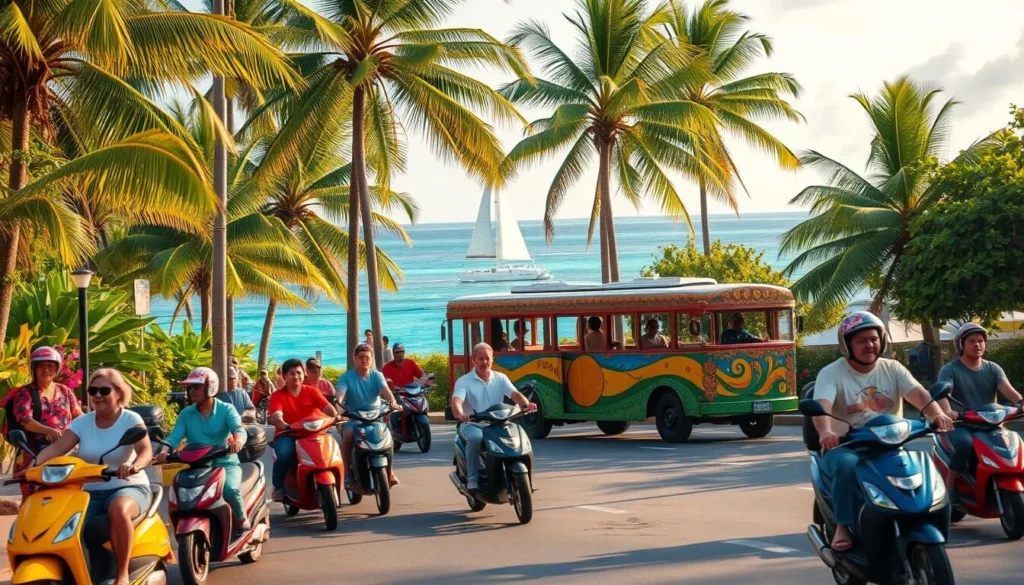 A lush, verdant tropical landscape on the island of Guam, with a vibrant and diverse array of transportation modes. In the foreground, a group of locals and tourists ride colorful mopeds and scooters, weaving through the bustling streets lined with palm trees and vibrant foliage. In the middle ground, a traditional Chamorro fiesta bus, adorned with intricate island-inspired designs, carries passengers to their destinations. In the background, a scenic coastline with turquoise waters and a gently swaying sailboat on the horizon, creating a picturesque and tranquil setting. The scene is bathed in warm, golden sunlight, capturing the essence of Guam's tropical paradise.